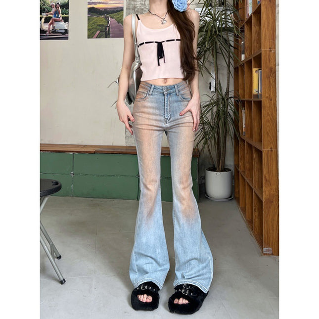 Blush-Colored High-Waisted Flared Denim Pants for Women, Washed Design, Wide-Leg Floor-Length Pants, Lazy Style