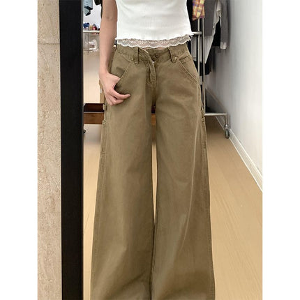 Khaki Drapey Wide-Leg Jeans Fashionable New Women's 2025 Straight Versatile Petite Floor-Length Pants Summer
