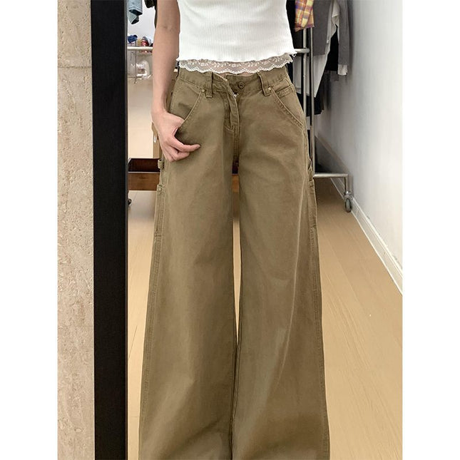 Khaki Drapey Wide-Leg Jeans Fashionable New Women's 2025 Straight Versatile Petite Floor-Length Pants Summer
