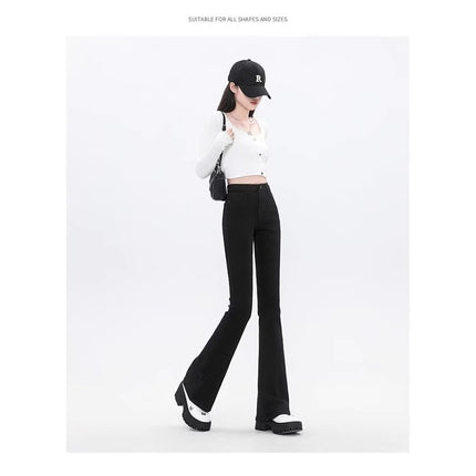 American-Style Black Flared Jeans for Petite Women, Summer New High-Waisted Slim-Fit Bootcut Floor-Length Pants