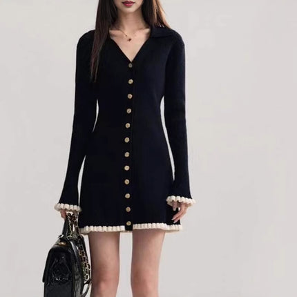 French-Style Autumn and Winter New V-Neck Long-Sleeve Knit Dress, Can Be Worn as an Inner Layer or Outerwear, Little Black Dress, Slim-Fitting Sweater Dress