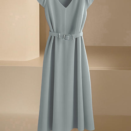Amazon Spring and Summer New Skin-Friendly and Comfortable V-Neck Fashionable and Elegant Work Clothing Casual Pure Color Mid-Length Skirt & Without Belt