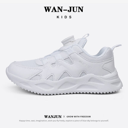 Children's Rotating Button Campus White Shoes 2023 Summer Mesh Breathable Sneakers for Older Kids Lightweight Running Shoes
