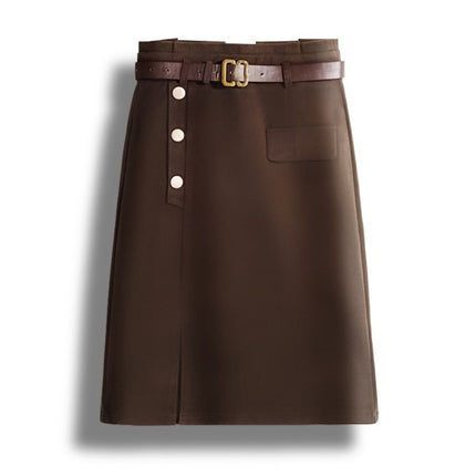 Woolen Skirt Women's Mid-Length 2024 Autumn and Winter High-Waisted Brown Petite Slit A-Line Hip Skirt Winter Skirt