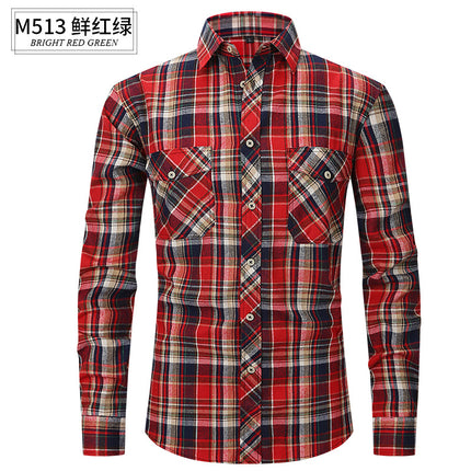 Spring and Summer Slim Amazon Fashion Brushed Plaid High-End Long-Sleeved Double Pocket Flannel Men's Shirt
