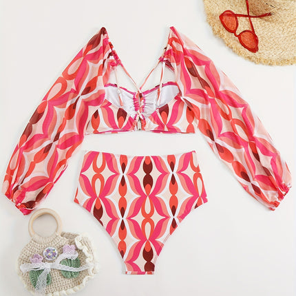 New European and American Amazon Cross-Border Sexy Bikini Swimsuit for Women with Printed Long Sleeves, Two-Piece Beach Swimwear Set