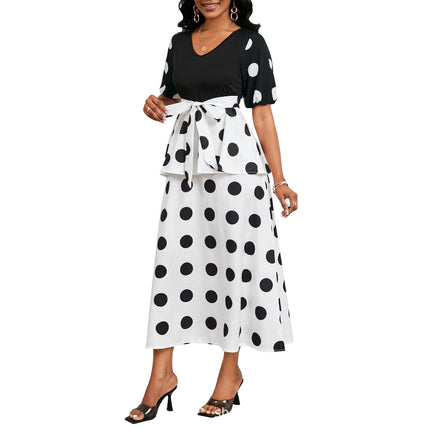 Cross-border Amazon Europe and the United States spring and summer popular fashion simple light cooked wind V collar short sleeve retro wave dress