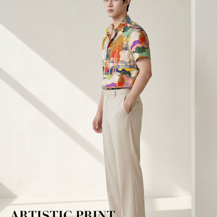 Light Luxury Handsome Men's Clothing Men's Trendy Versatile Shirts Digital Printing Men's Short-Sleeved Shirts Light Luxury and High-End