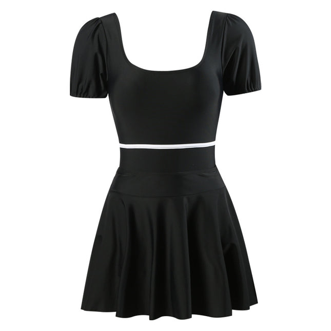 New Swimwear Women's Split Skirt Conjoined Flat Corner Short Sleeve Conservative Slim Belly Covering Students Sports South Korea Hot Springs