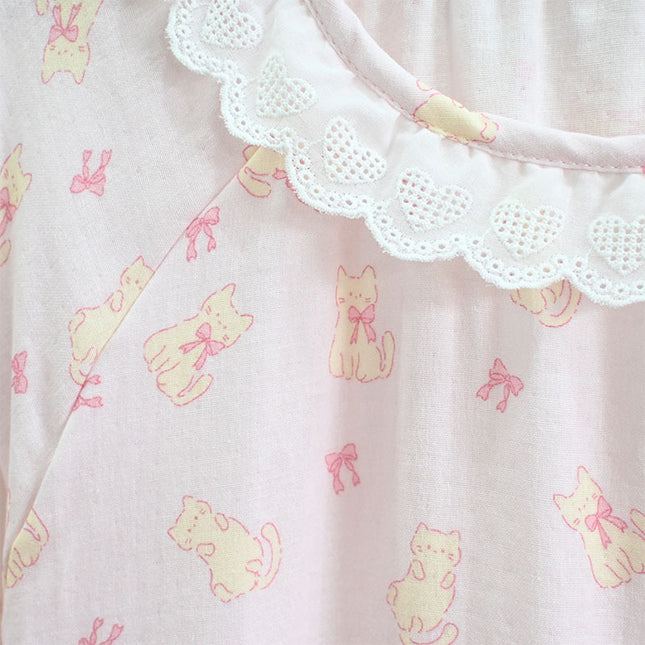 Summer Baby Cotton Gauze Short-Sleeved Thin Nightgown for Women Cartoon Lace Round Neck Breathable Cotton Home Clothes Can Be Worn Outside