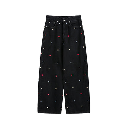 Youthful Campus Style Starry Sky Embroidered Urban Vibe Women's Loose Drape Slimming Straight-Leg Floor-Length Jeans