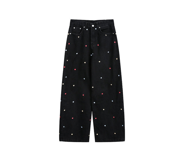 Youthful Campus Style Starry Sky Embroidered Urban Vibe Women's Loose Drape Slimming Straight-Leg Floor-Length Jeans