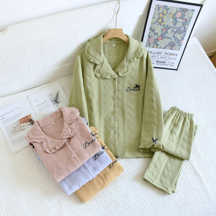 Autumn and Winter New Quilted Pajamas Medium Thick Heart Air Layer Women's Home Clothes Solid Color Casual Long Sleeve Trousers