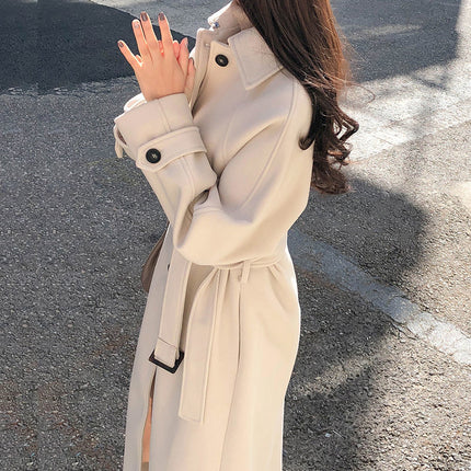 New Winter Student Korean Style Harajuku Style Mid-Length Waist Lace-Up Woolen Outwear for Women Ins Autumn Woolen Outwear