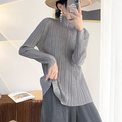 Miyake Basic Pleated Top Women's Long-sleeved Autumn New Pressed-Fold Texture High-end All-match T-shirt Base Shirt
