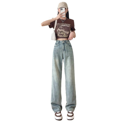 High Waist Narrow Straight Jeans Women's Summer Trend 2024 New Design Sense Simple Small Wide Leg Pants