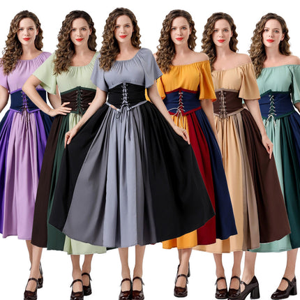 European and American New Arrivals: Medieval Retro Color-Blocking Dress with Flutter Sleeves, Tie-Waist, and Large Hem, Suitable for Masquerade Ball Performance