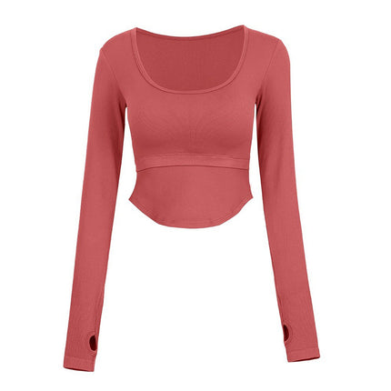 Yoga Clothes with Breast Mat Tight Sexy Stretch Sports Long Sleeve Slim Look Running Training Quick Dry U-Neck Naked Top