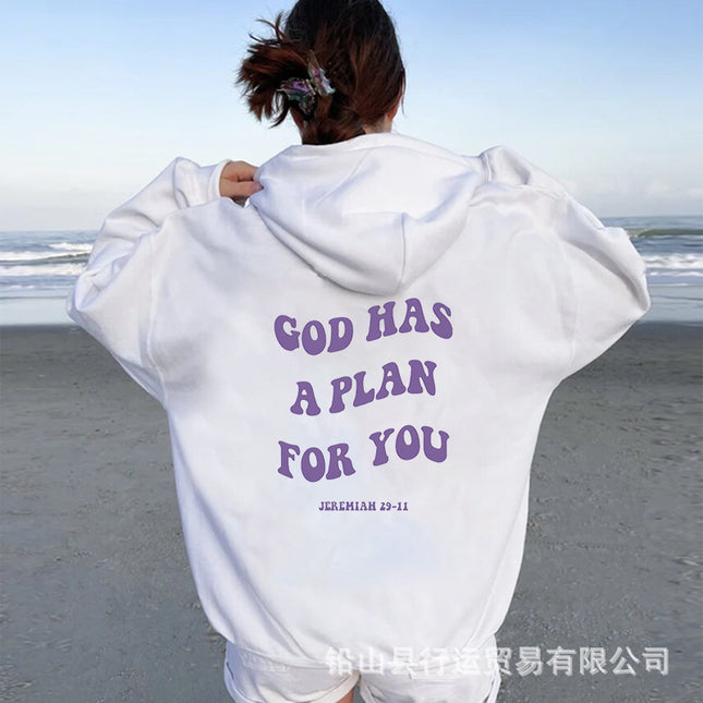 Foreign Trade Women's Velvet Sweatshirt with Gradient Letters on the Back Kangaroo Flap Pocket Pants Drawstring Print Hoodie