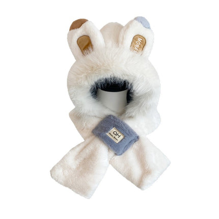 Rabbit Ears Hat Scarf All-In-One Hat for Women Winter Cute Plush Furry Animal Plus Scarf Two-Piece Hat