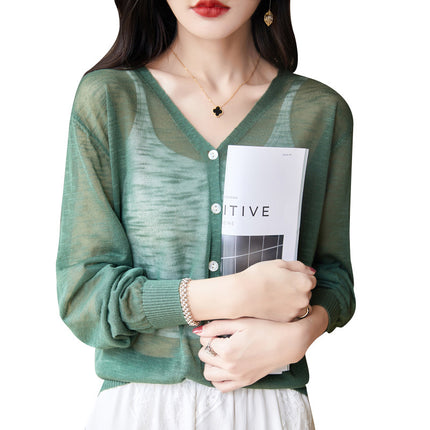 Slub Knitted Cardigan Women's Thin Ice Silk Linen Jacket Summer New Loose Outer Shawl Air-conditioning Shirt for Women