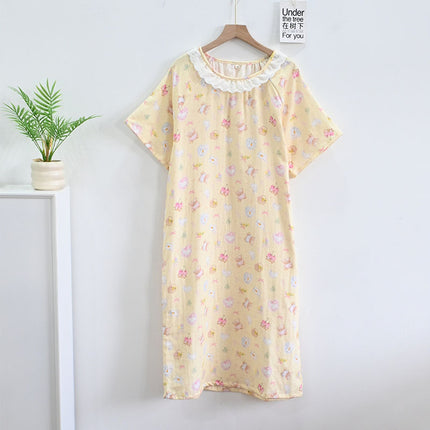 Summer Baby Cotton Gauze Short-Sleeved Thin Nightgown for Women Cartoon Lace Round Neck Breathable Cotton Home Clothes Can Be Worn Outside