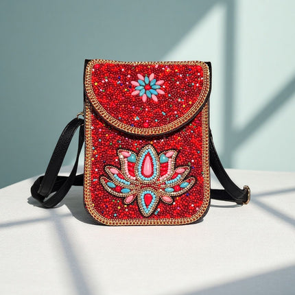 Red Lotus Women's Mobile Phone Bag Xinjiang Inner Mongolia Yunnan Travel Souvenir Retro Heavy Industry Rice Bead Shoulder Bag