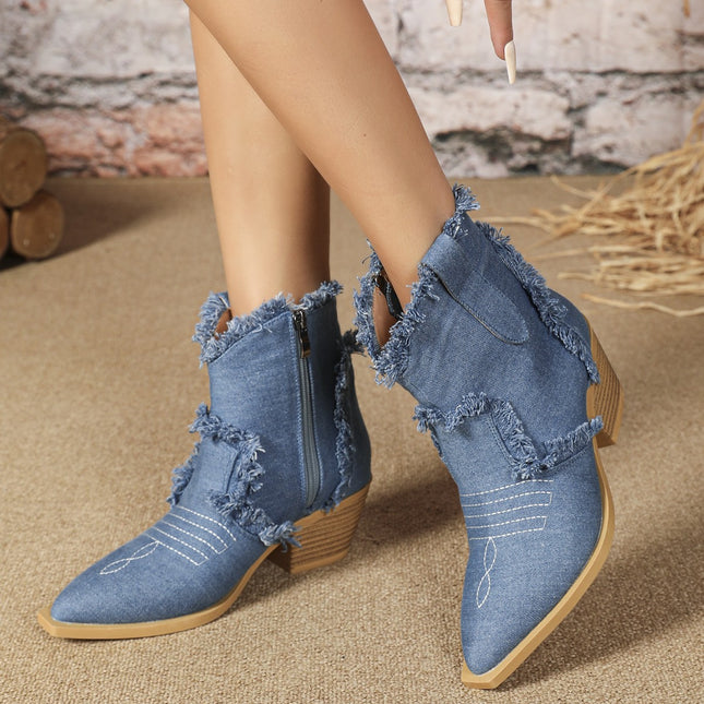 2025 New Style Western Cowboy Women's Boots with Pointed Toe and Tassels, Fashionable Side Zipper, Cross-Border Large Size Wedge Heel Women's Boots Wholesale