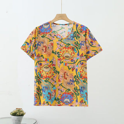 Retro Style Cotton Short-sleeved Women's Middle-aged and Elderly Mother's Vest Printed Outer Wear Base-layer Shirt All-match Artificial Cotton Top