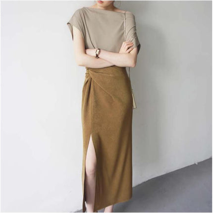 Mustard Matte Texture Cross-Design High-Waisted Side-Slit Over-The-Knee Skirt, Stylish and Fashionable Women's Bottom Garment
