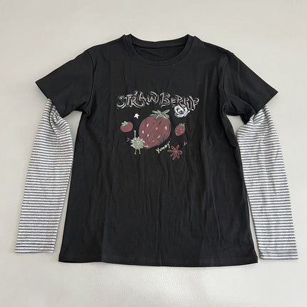 Brushed Strawberry Print Fake Two-Piece Long-Sleeved T-Shirt for Women Spring & Fall New Casual Versatile Round Neck Top to Look Slim and Reduce Age