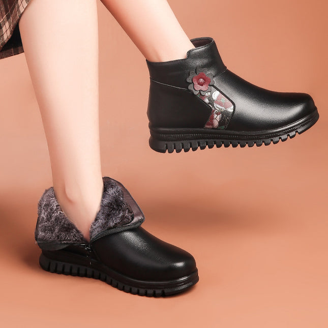Mother Shoes Winter Cotton Shoes Elderly Ankle Boots Middle-aged Women's Shoes fleece-lined Autumn and Winter Leather Shoes Non-slip Warm Middle-aged Winter Shoes