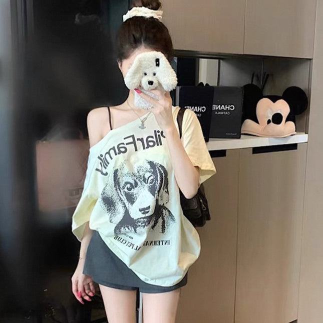 Spot Korean Niche 25 Summer New Style American Retro Lazy Style Loose Dog Print Round Neck Short-Sleeved T-Shirt