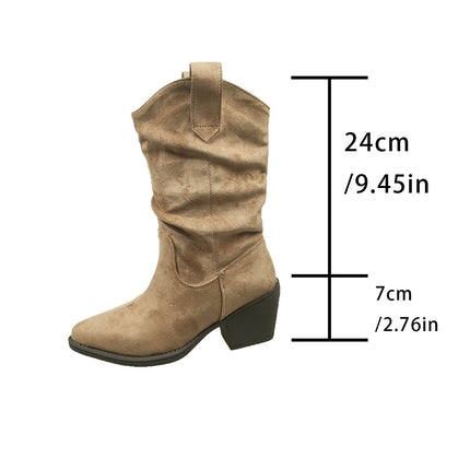 Chunky Heel Retro Brown V-Cut Mid-Calf Boots for Women 2025 Autumn/Winter Pointed Toe Western Cowboy Boots Cross-Border