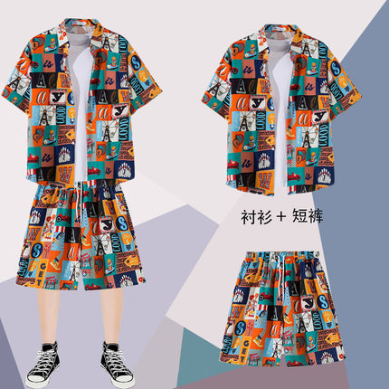 Summer thin short-sleeved floral shirt men's Hong Kong style retro Ruan Shuai Hawaiian seaside couple short-sleeved shorts two-piece set