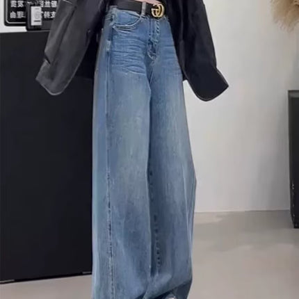 Women's 2025 Autumn New High-Waisted Loose Wide-Leg Jeans, Hip-Covering, Slimming, Versatile Straight-Leg Floor-Length Pants