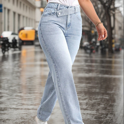 [Cross-Border Hot Style] Blue Women's Casual Light Blue Washed Overlapping Waist Loose Straight Jeans Now