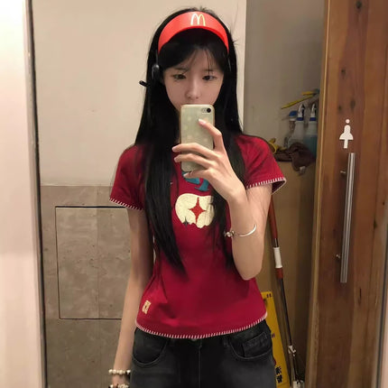 Apple Embroidered Right Shoulder Short-Sleeved Burgundy T-Shirt for Women Summer 2025 New Slim Fit Sweet Sexy Lace American Top