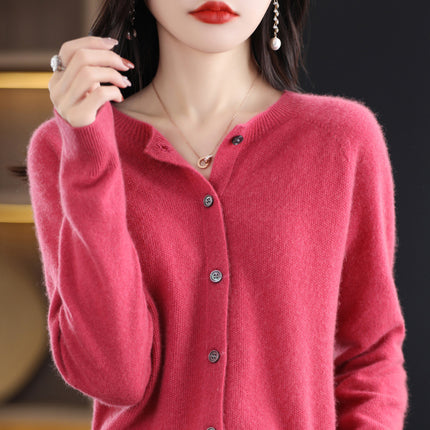 2024 Round-Neck Autumn and Winter Women's Cardigan Sweater Coat 100% Wool Loose Outerwear Versatile Knit Wool