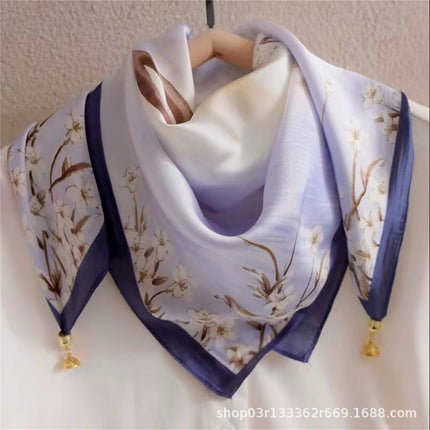 2024 New Magnetic Buckle Silks and Satins Square Scarf Women's Spring and Autum Scarf High-end Decorative Triangle Scarf Neck Protector
