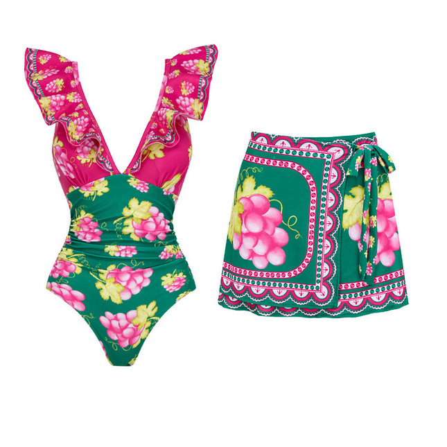 2024 European and American Swimwear for Women, Deep V-Neck, Ruffled, Color-Blocked, Vintage Print One-Piece Swimsuit Set, Deep V-Neck, Hollow-Out, European and American Style