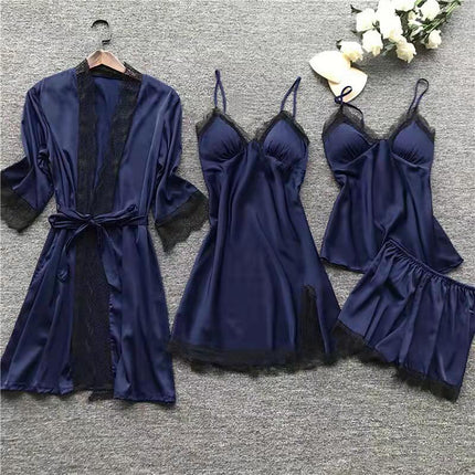 Cross-Border Four-Piece Pajama Set for Women, Spring and Summer Ice Silk Camisole Nightgown Set with Chest Pads, Loungewear, Lingerie
