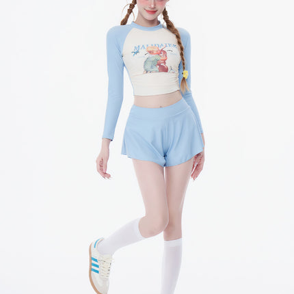 New Style Fresh and Simple Women's Conservative Two-Piece Swimwear with Long Sleeves and Sporty Style, Pure Desire Three-Piece Swimsuit