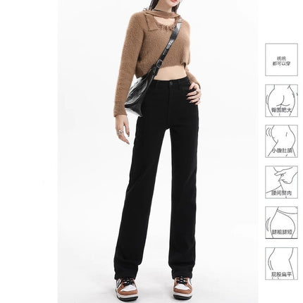 High-Waisted Black Straight-Leg Jeans for Women, Trendy Versatile New Style, Fleece-Lined, Slim-Fit Narrow Wide-Leg Cigarette Pants