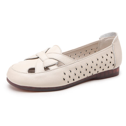 Mom's Shoes, Single Shoes, Leather Shoes for Middle-Aged and Elderly People, Hollowed Out, Soft-Soled, Comfortable, Breathable, Non-Tiring, Summer Non-Slip Sandals for Women