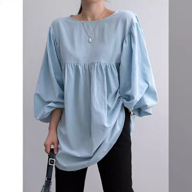 Autumn 2022 New Large Size Women's Cotton and Linen Round Neck Long Sleeve Top Fashion Casual Solid Color Cotton and Linen Shirt for Women