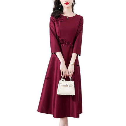 Xi mother-in-law wedding dress wine red dress 2023 autumn new fashion retro elegant slim dress