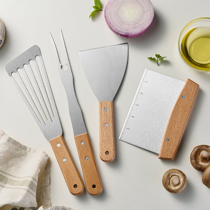 Wooden Handle Stainless Steel Spatula Korean Teppanyaki Cooking Spatula Steak Spatula Pancake Pizza Spatula Tool Set