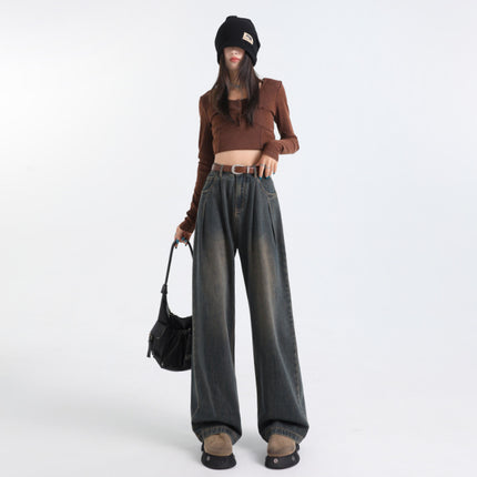 Korean Style Pleated Loose Wide Leg Jeans Women's 2024 Autumn New High Waist Drape Slimming All-match Straight Pants