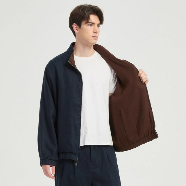 [Lp Version] %Rain Dew Linen Old Money Style Bomber Men's Stand Collar Reversible Jacket Casual Spring and Autumn Jacket